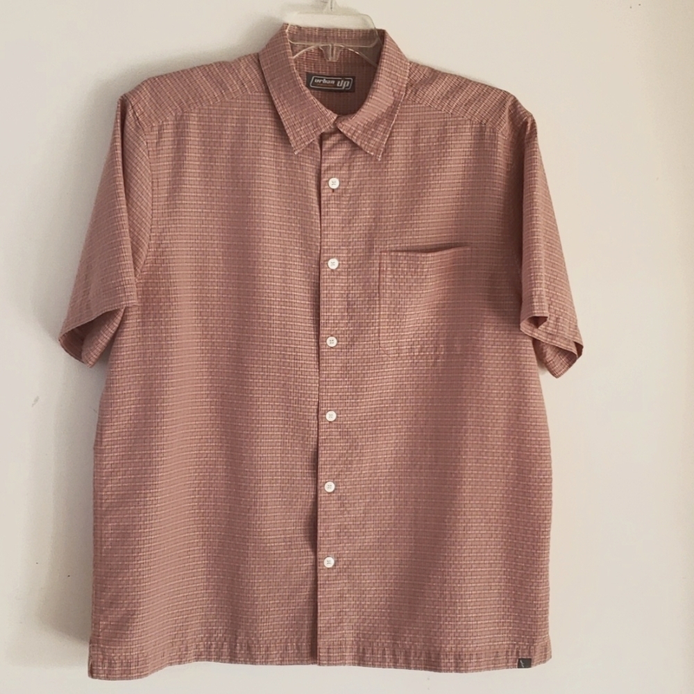 Urban Pipeline Mens Rust Plaid Rayon Short Sleeves Button Up Shirt, Size L?
